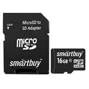 Карта памяти microSDHC, 16 GB, SMARTBUY, 10 Мб/сек. (class 10), с адаптером, SB16GBSDCL10-01 101010512804