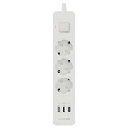Сетевой фильтр Harper UCH-360 white (3 розетки, 3 USB-порта, 3 метра, шторки, встроенная защита от с
