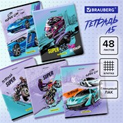 Тетрадь А5, 48 л., BRAUBERG, скоба, клетка, глянцевый лак, "Race" (микс в спайке), 404349 101010404349