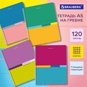 Тетрадь А5 120 л. BRAUBERG, гребень, клетка, глянцевая ламинация, "Color" (микс в спайке), 404447 101010404447